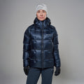 Eclipse Blue Montane Women's Apex 900 Hooded Down Jacket Model Front FAP9HECL