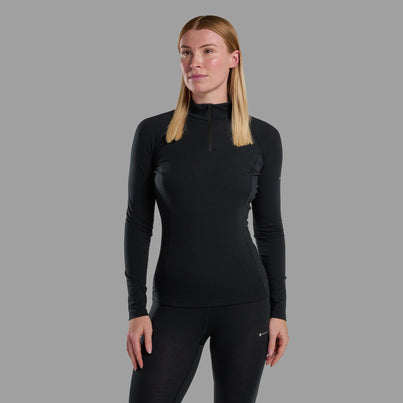 Black Montane Women's Malli Long Sleeve Zip Merino T-Shirt Front
